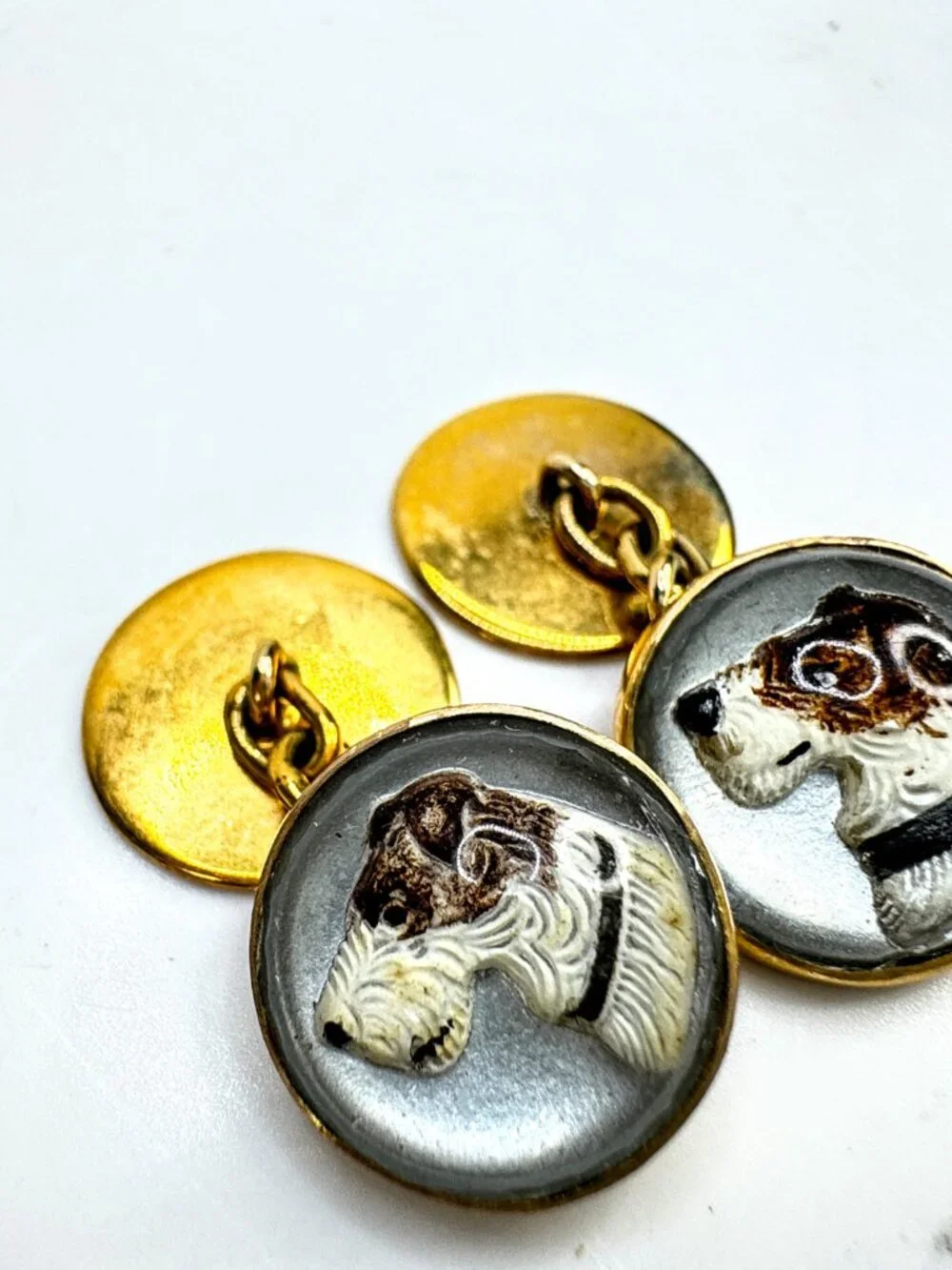 Vintage Art Deco reverse crystal fox hunting dog 9ct gold cufflinks SS475